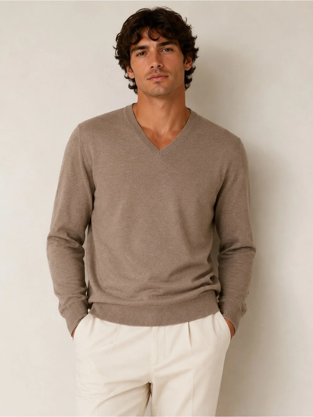 New Lands End Taupe V Neck Supima Cotton Lightweight Knit Sweater XXL